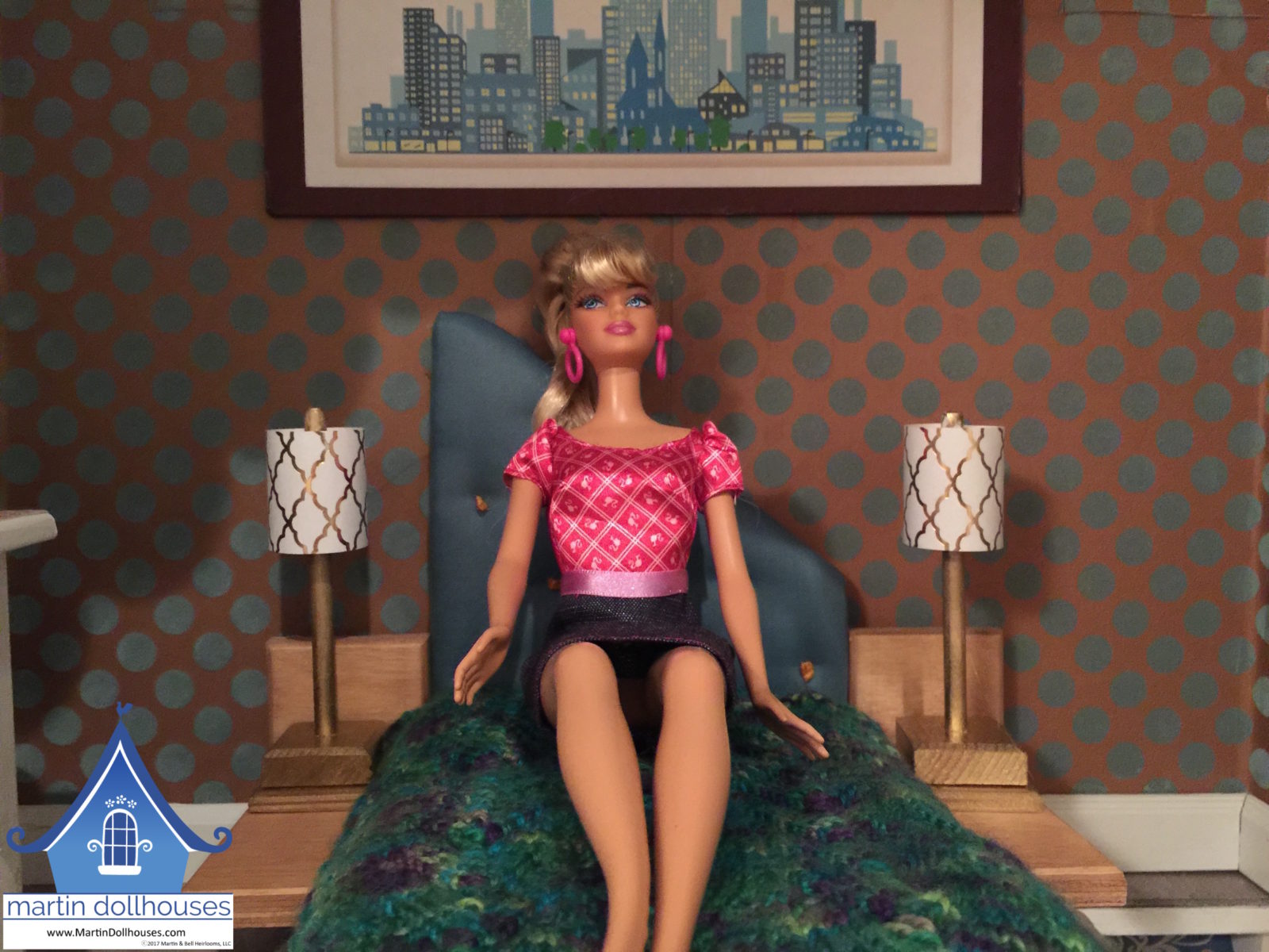 Barbie enjoying her Barbie dollhouse lamp and bed with mattress.